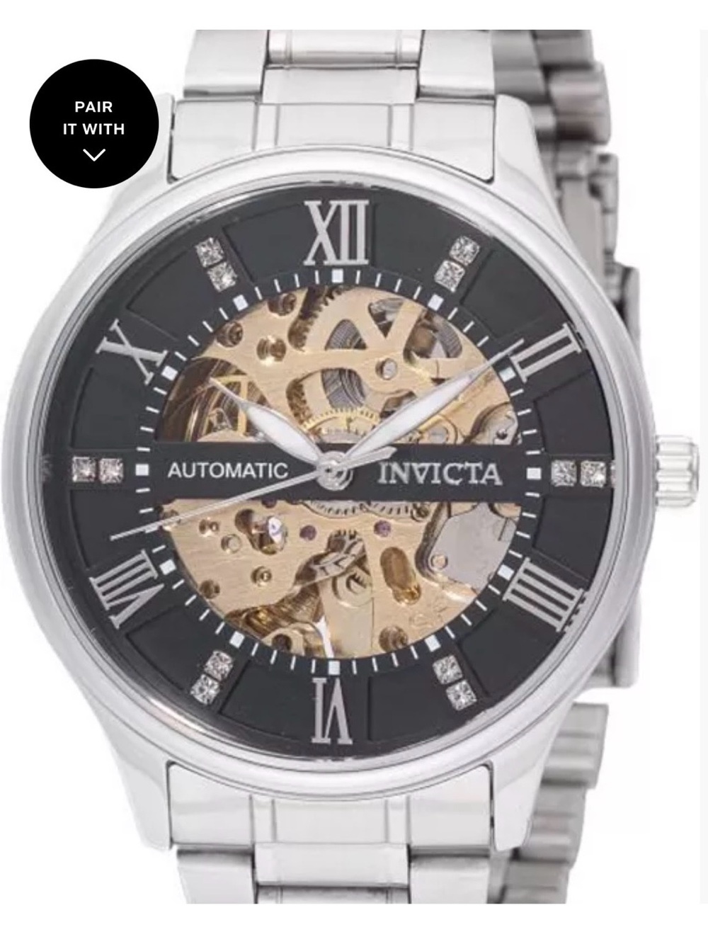 Invicta Silver Watch with Black Dial & Gold Skeleton Movement